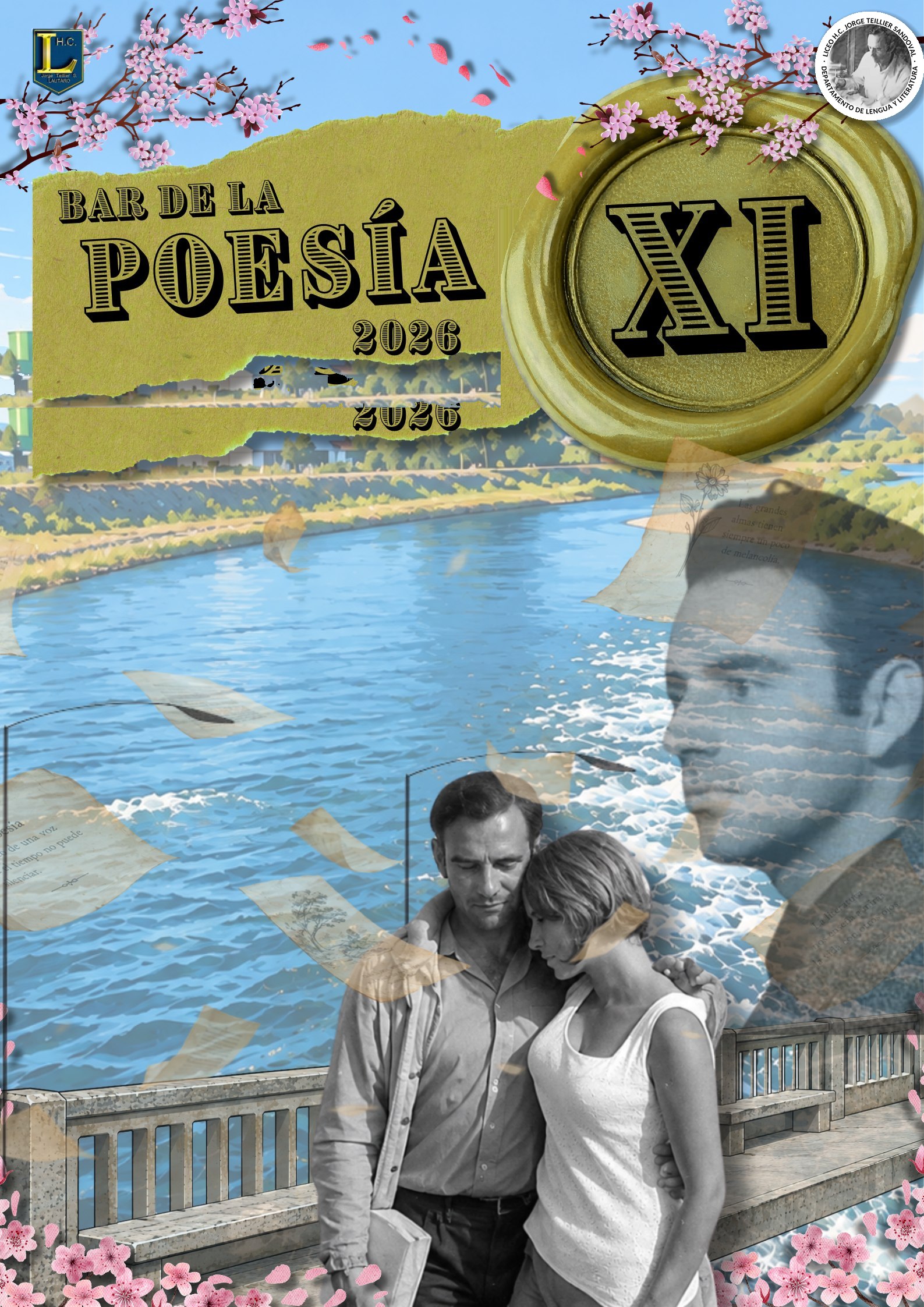 XI Bar de la Poesía 2026: el río de Lautaro con cerezos en flor, el retrato de Jorge Teillier y una pareja en el puente.